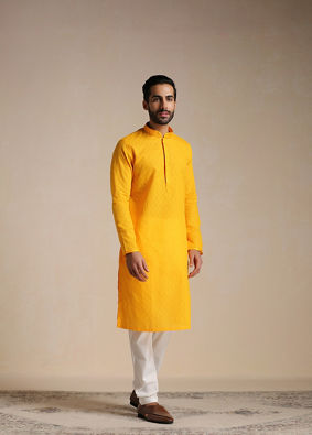 Orange Cotton Kurta With Embroidered Collar image number 3